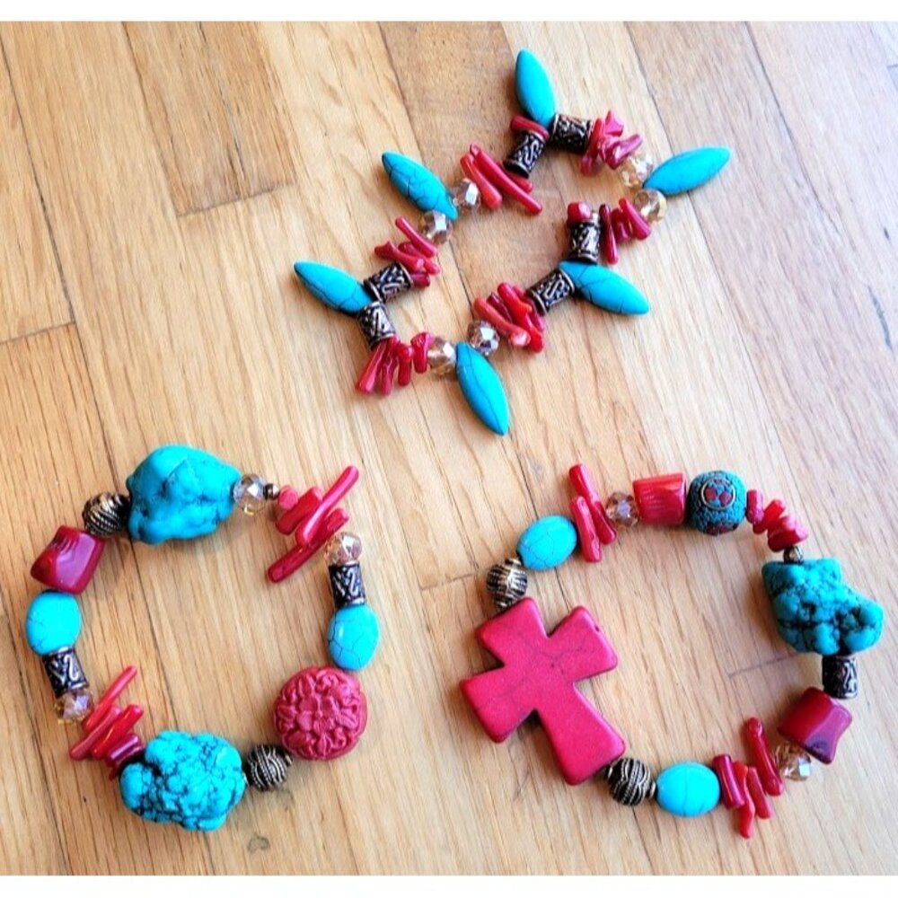 SET of 3 Southwest Turquoise & Red Coral Chip Multi Bead Stretch Bracelets Stack - Picture 5 of 5